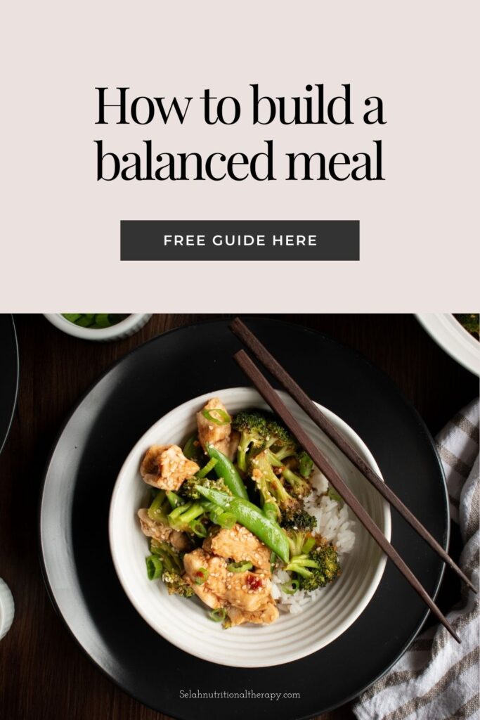 how to build balanced meal graphic with overhead photo of stir fry and rice